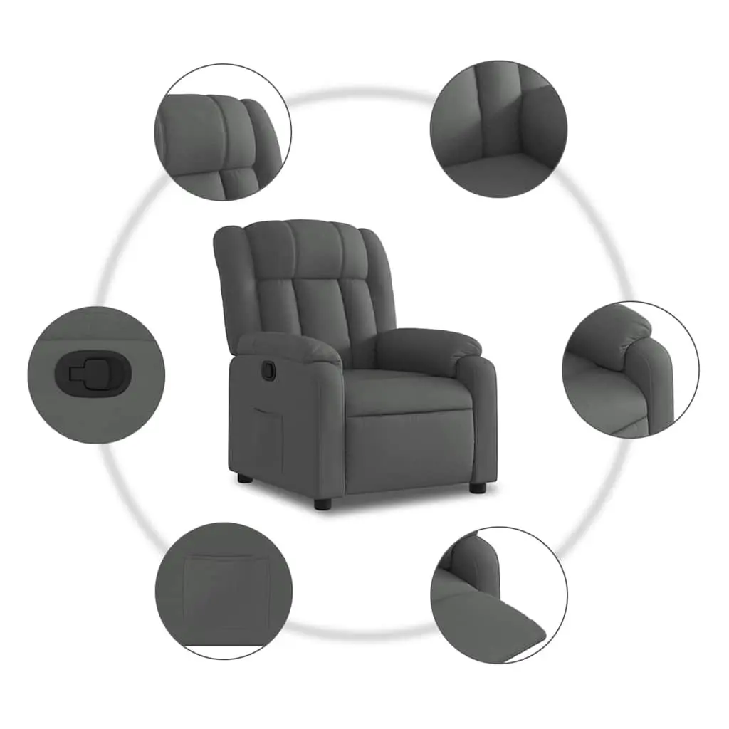 Manual Recliner Armchair Grey Fabric Padded Seat Adjustable Footrest Side Pocket Wood and Metal Frame