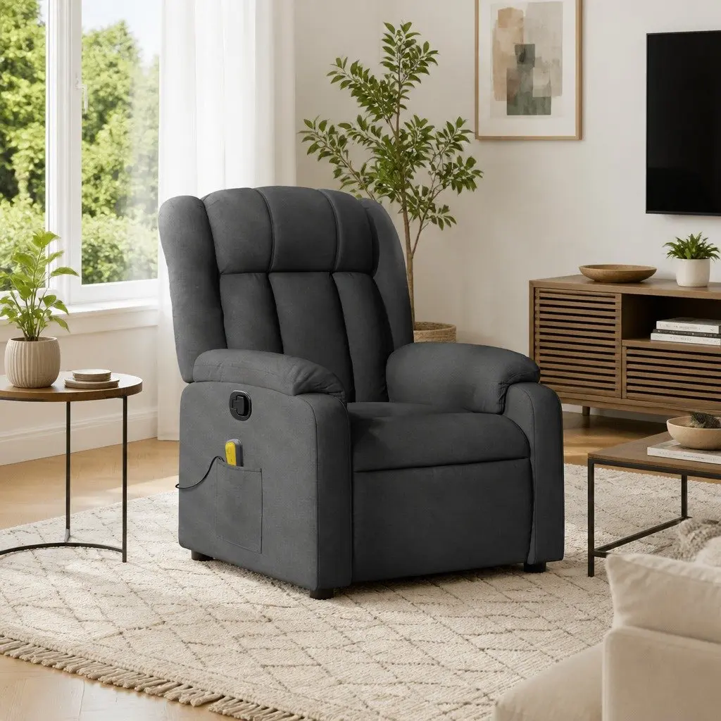 Massage Recliner Chair Grey Fabric Manual Recline 135 Degrees 6 Vibration Points