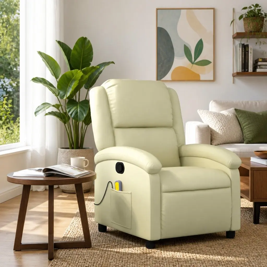 Massage Recliner Chair Cream Leather Manual Recline 6 Points Vibration Armchair