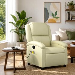 Cream Leather Manual Recline Massage Recliner Chair