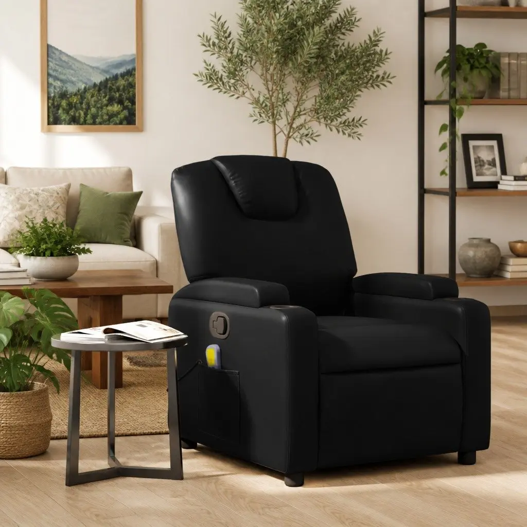 Massage Recliner Chair Black Faux Leather Manual Recline 135 Degrees 6 Massage Points