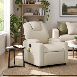 Cream Faux Leather Manual Recline Massage Chair