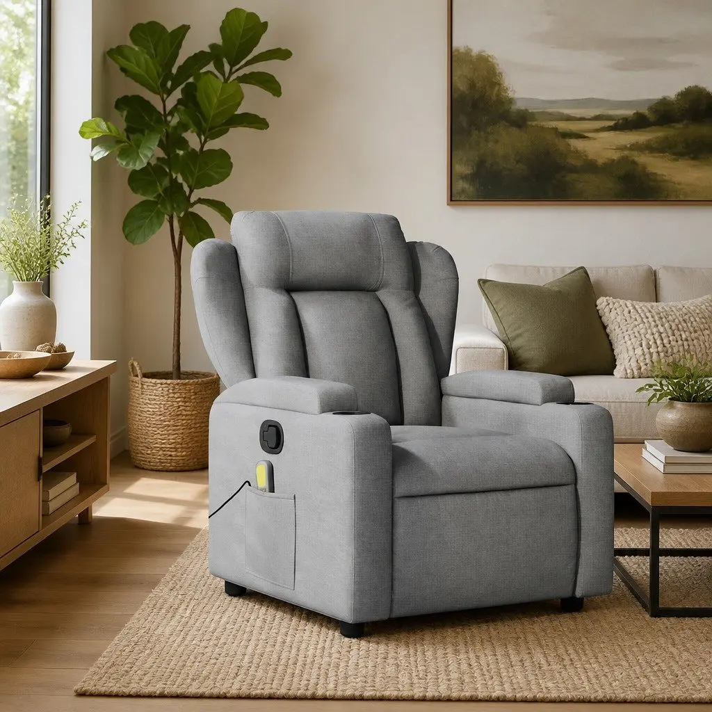 Massage Recliner Chair Light Grey Fabric Manual Recline Armchair