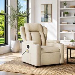 Cream Fabric Massage Recliner Armchair with Cup Holders