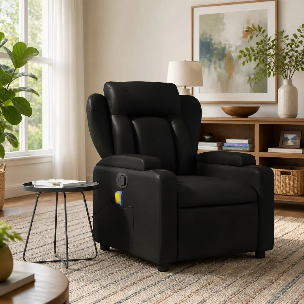 Massage Recliner Chair Black Faux Leather Manual Recline 135 Degrees Vibration Massage