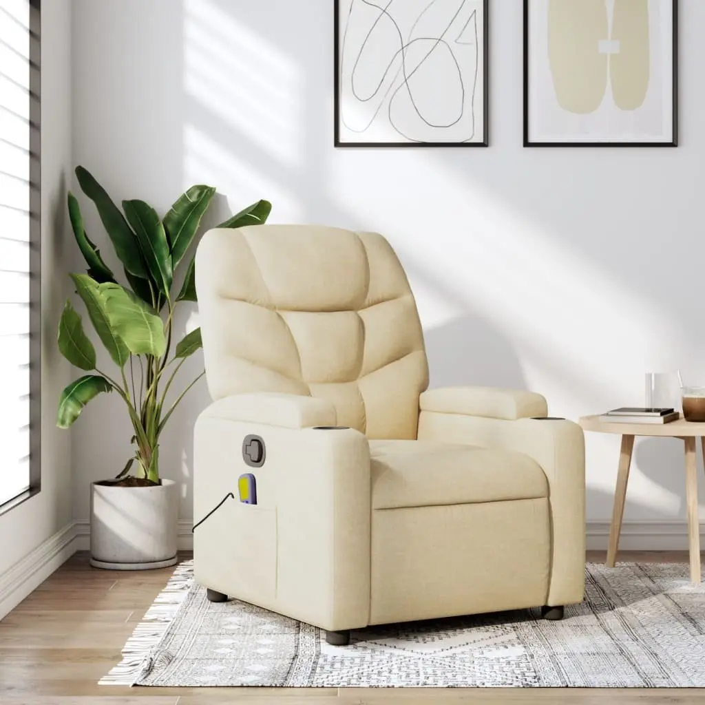 Recliner Chair Cream Fabric Vibration Manual Recline Massage Lounge Armchair