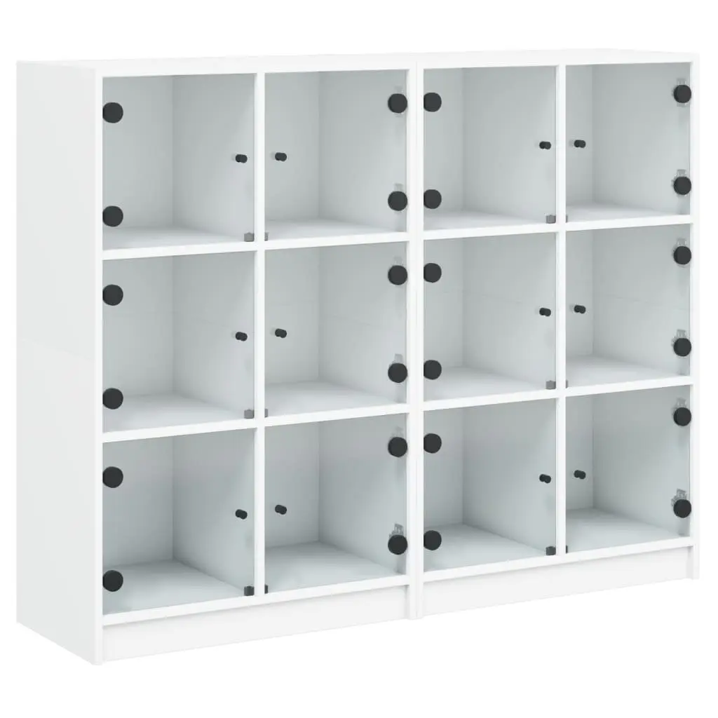 White Bookcase with Glass Doors Storage Cabinet Engineered Wood Shelving Unit