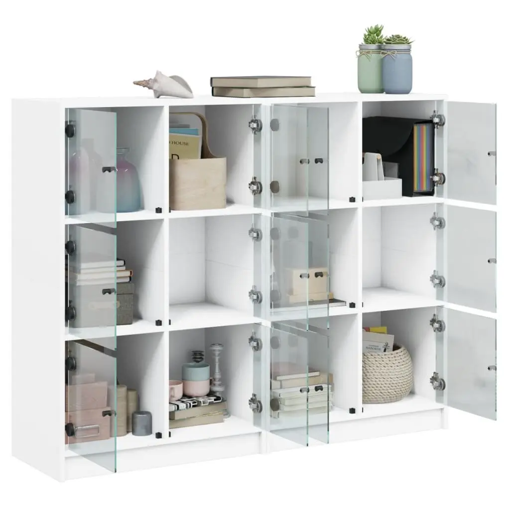 White Bookcase with Glass Doors Storage Cabinet Engineered Wood Shelving Unit