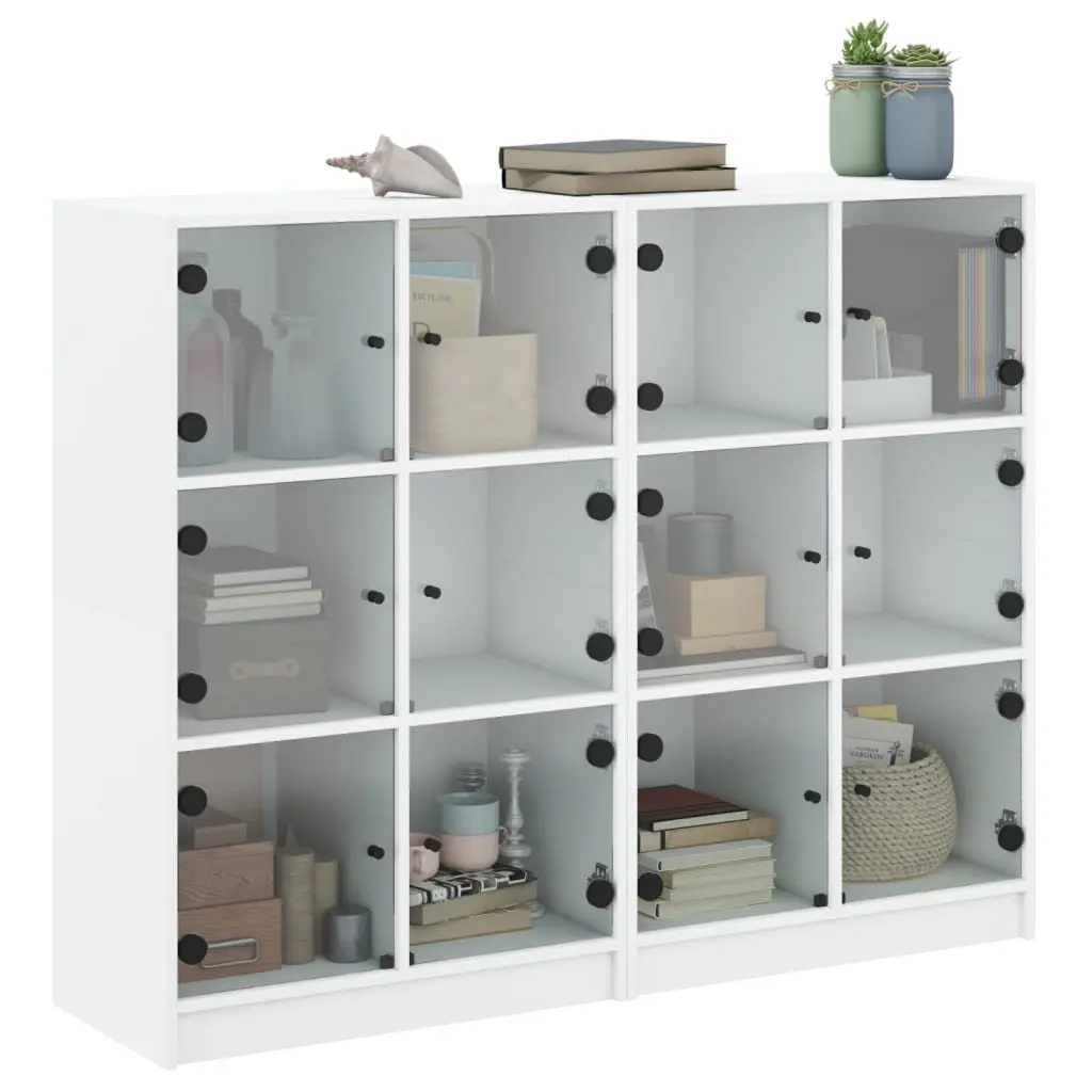White Bookcase with Glass Doors Storage Cabinet Engineered Wood Shelving Unit
