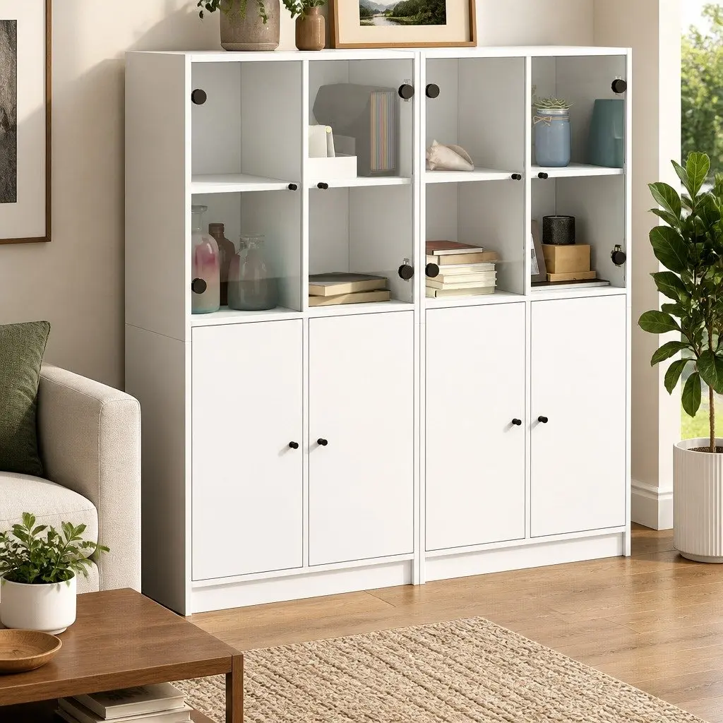 White Bookcase with Doors Engineered Wood Storage Cabinet 136W x 37D x 142H cm