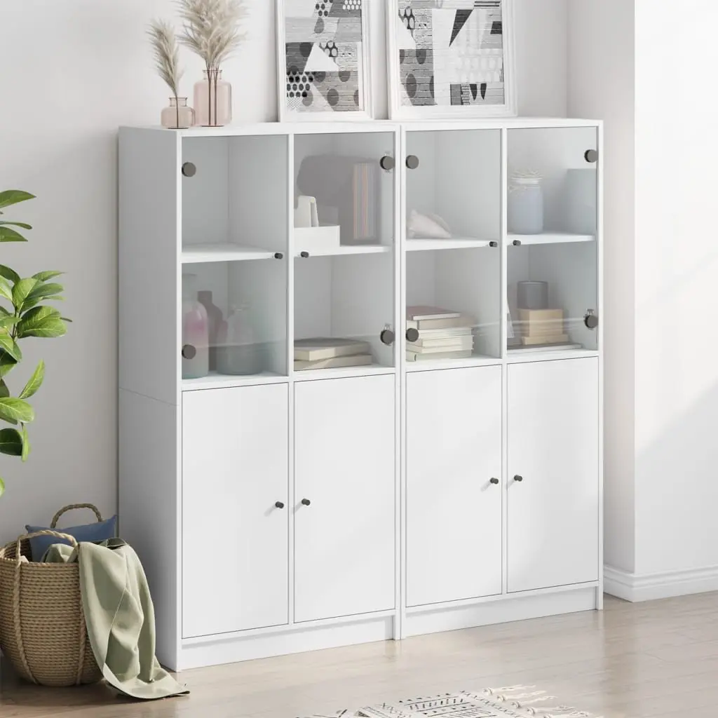White Bookcase with Doors Engineered Wood Storage Cabinet 136W x 37D x 142H cm
