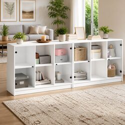 White Modern Bookcase with Glass Doors 204x37x75cm