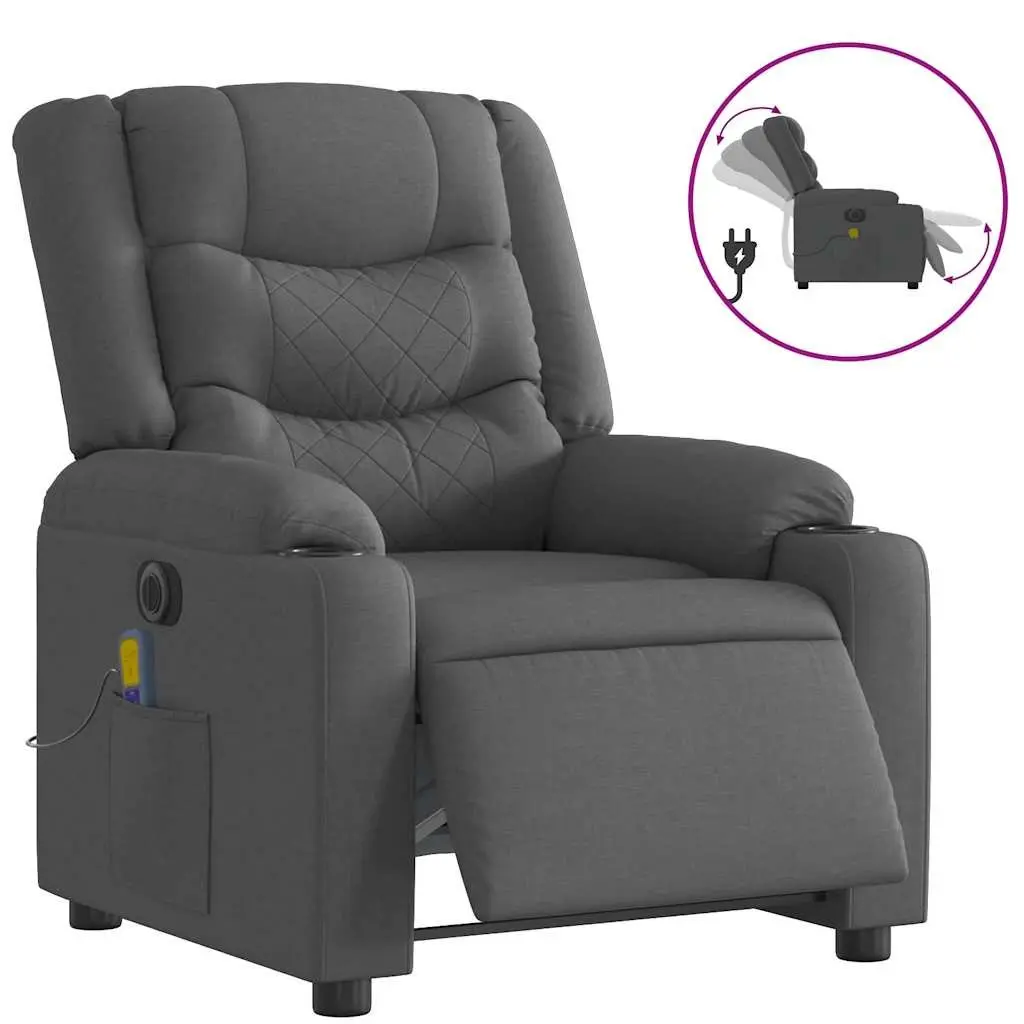 Electric Massage Recliner Chair Grey Fabric Motorised with Footrest and Vibration Massage