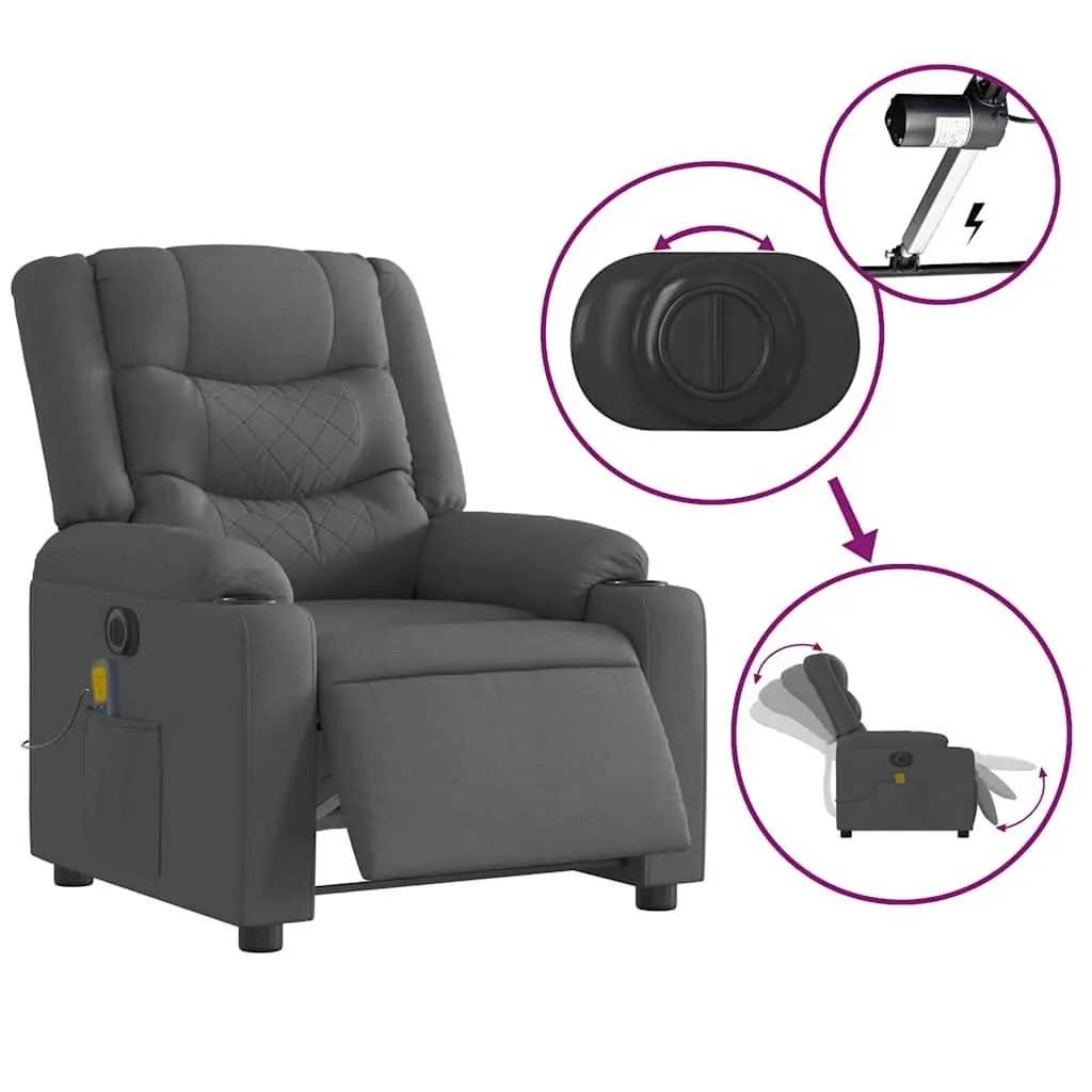 Electric Massage Recliner Chair Grey Fabric Motorised with Footrest and Vibration Massage