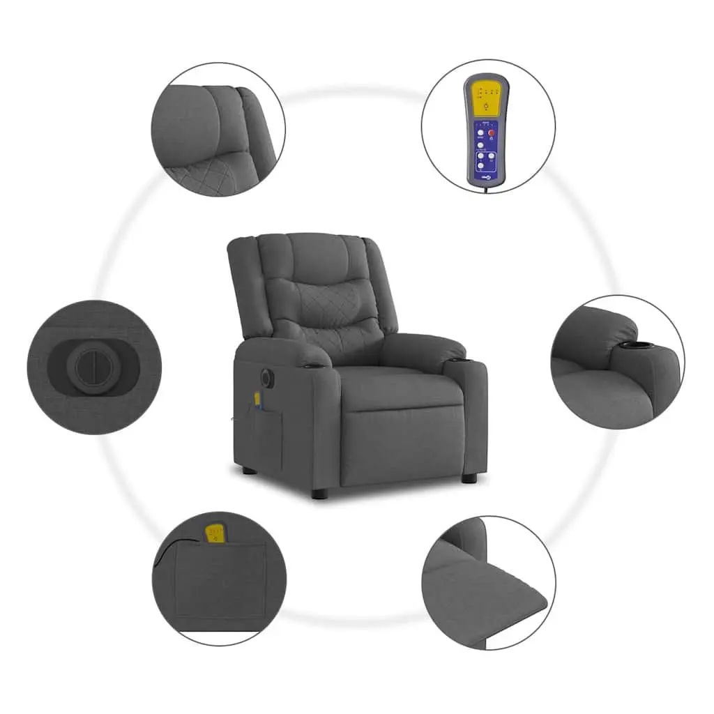Electric Massage Recliner Chair Grey Fabric Motorised with Footrest and Vibration Massage