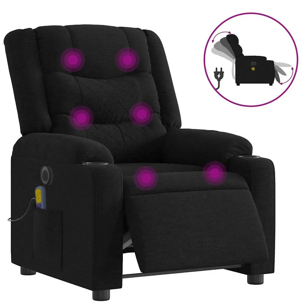 Electric Massage Recliner Chair Black Fabric 135 Degrees USB Powered