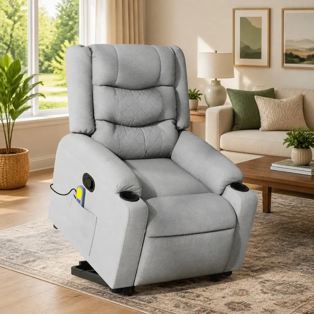 Stand Up Massage Recliner Chair Grey Fabric Power Lift Function Manual Recline