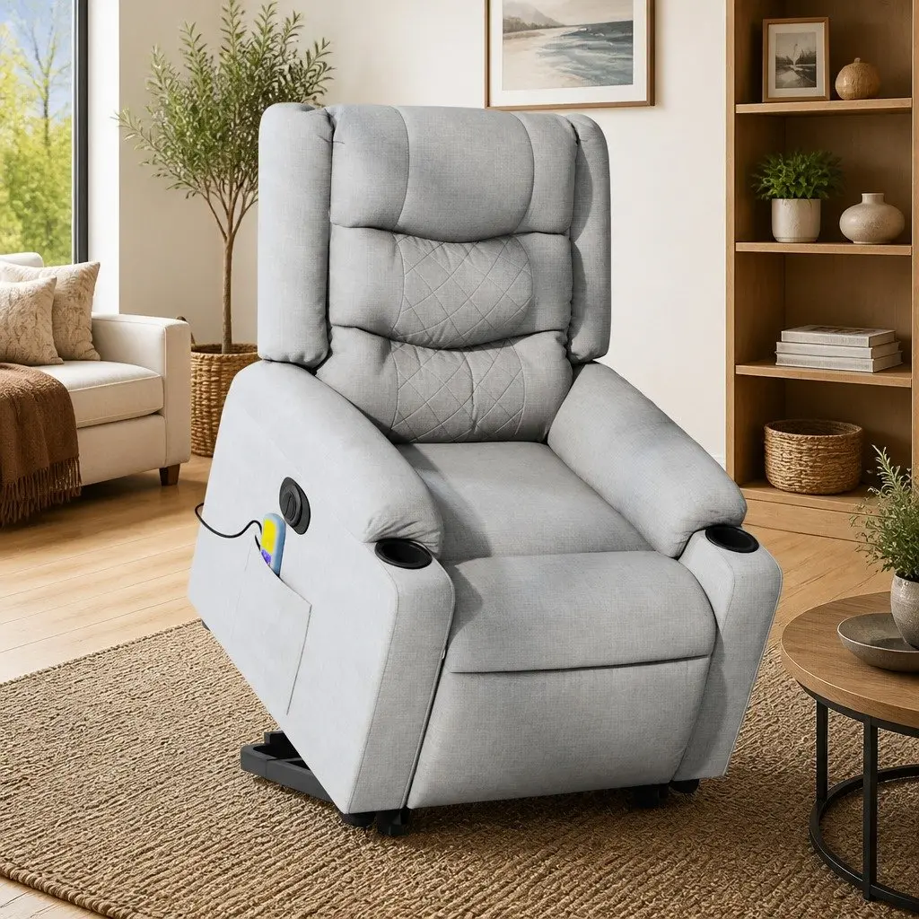 Electric Stand Up Massage Recliner Chair Light Grey Fabric Lift Armchair