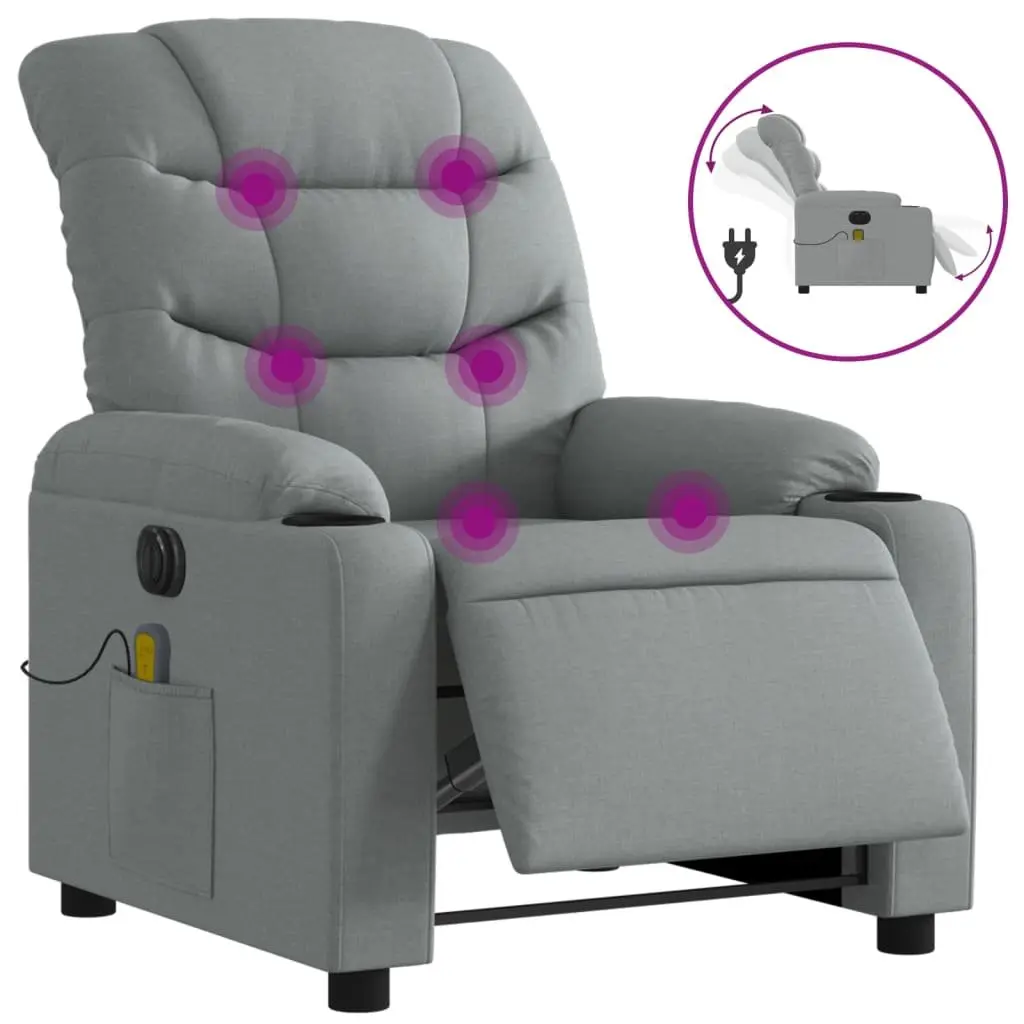 Electric Massage Recliner Chair Grey Fabric 135 Degrees Wood and Metal Frame