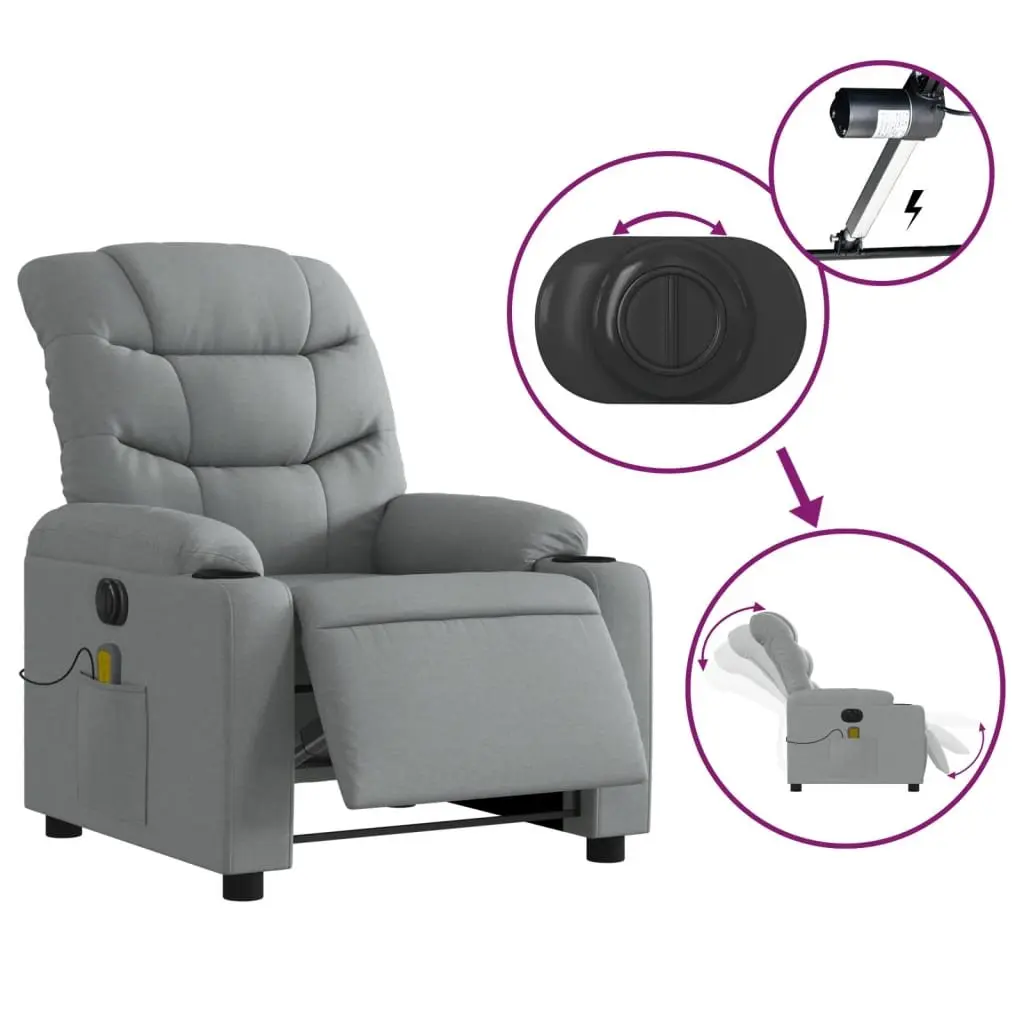 Electric Massage Recliner Chair Grey Fabric 135 Degrees Wood and Metal Frame