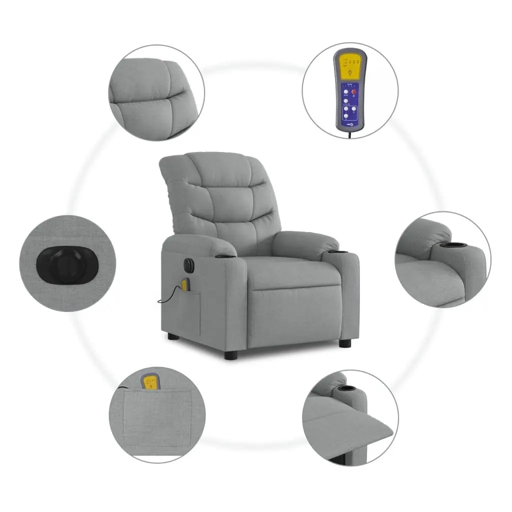 Electric Massage Recliner Chair Grey Fabric 135 Degrees Wood and Metal Frame