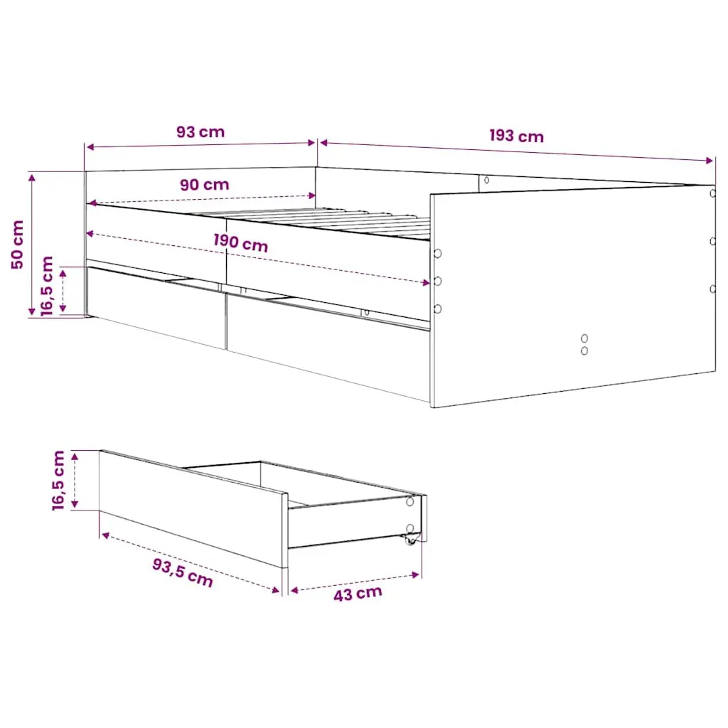 Storage Drawer Bed Frame with Slatted Base 90x190cm