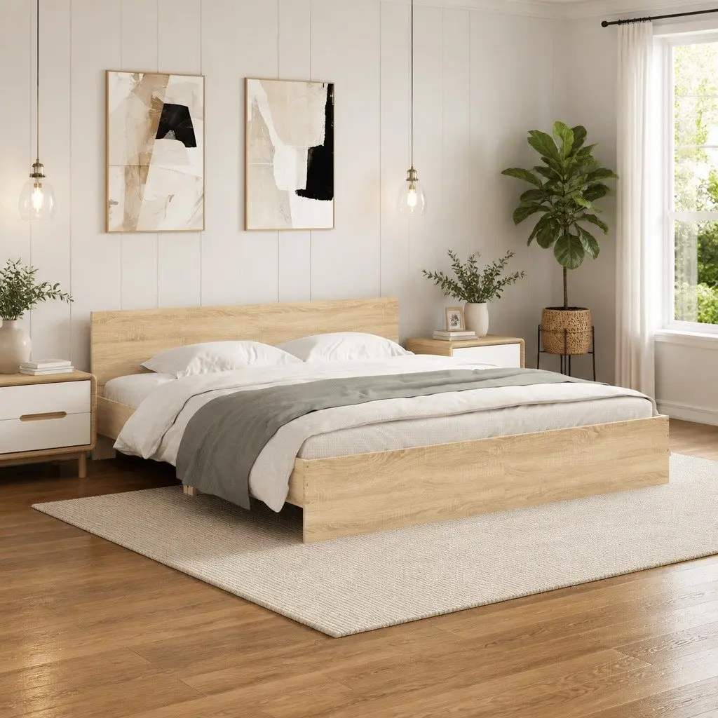 King Bed Frame Sonoma Oak Brown Engineered Wood Slatted Base