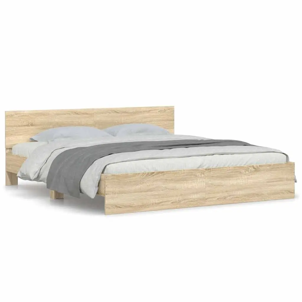 King Bed Frame Sonoma Oak Brown Engineered Wood Slatted Base