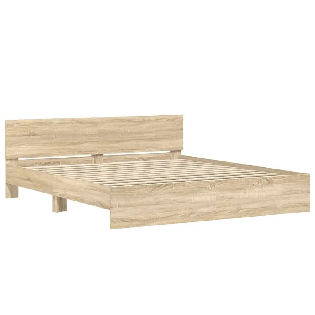 King Bed Frame Sonoma Oak Brown Engineered Wood Slatted Base