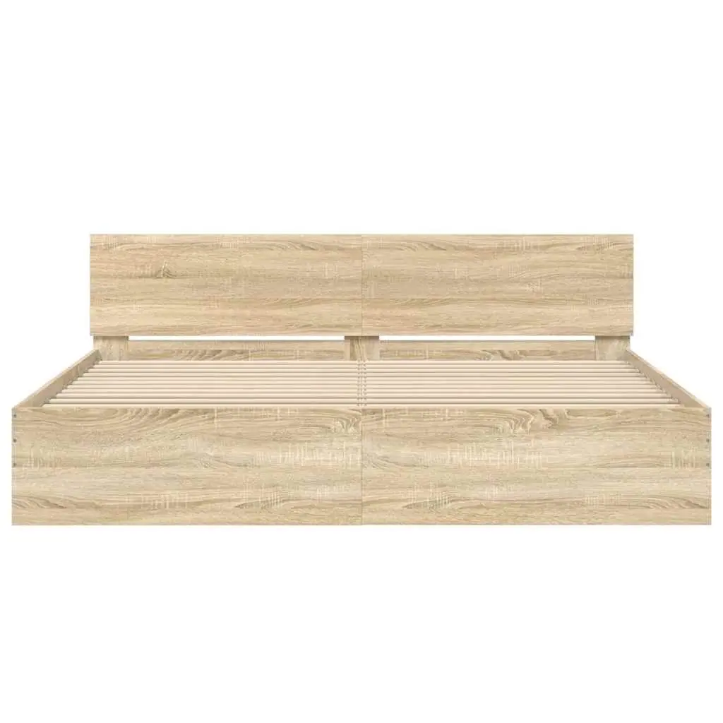 King Bed Frame Sonoma Oak Brown Engineered Wood Slatted Base