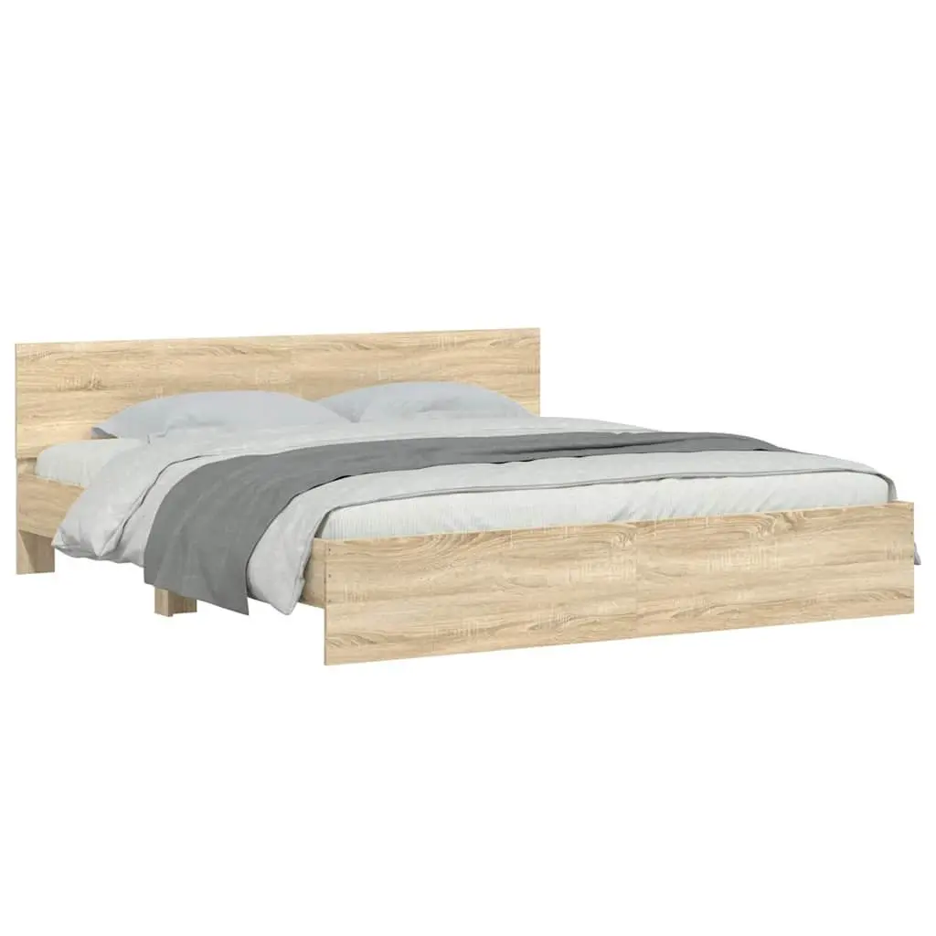 King Bed Frame Sonoma Oak Brown Engineered Wood Slatted Base