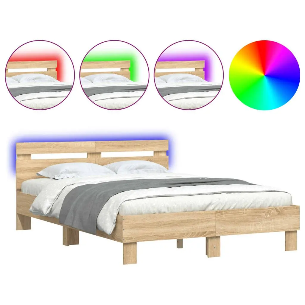 Sonoma Oak Brown Bed Frame with RGB LED Lights 135x190cm