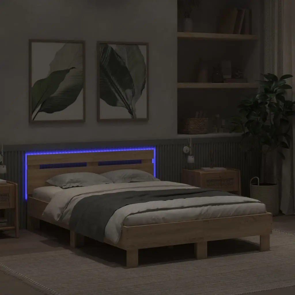 Sonoma Oak Brown Bed Frame with RGB LED Lights 135x190cm