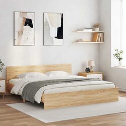 King Bed Frame with LED Lights Sonoma Oak 183x203 cm Fabric Headboard Slatted