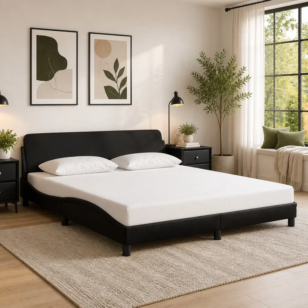 King Bed Frame with Headboard 180x200 cm in Black Faux Leather