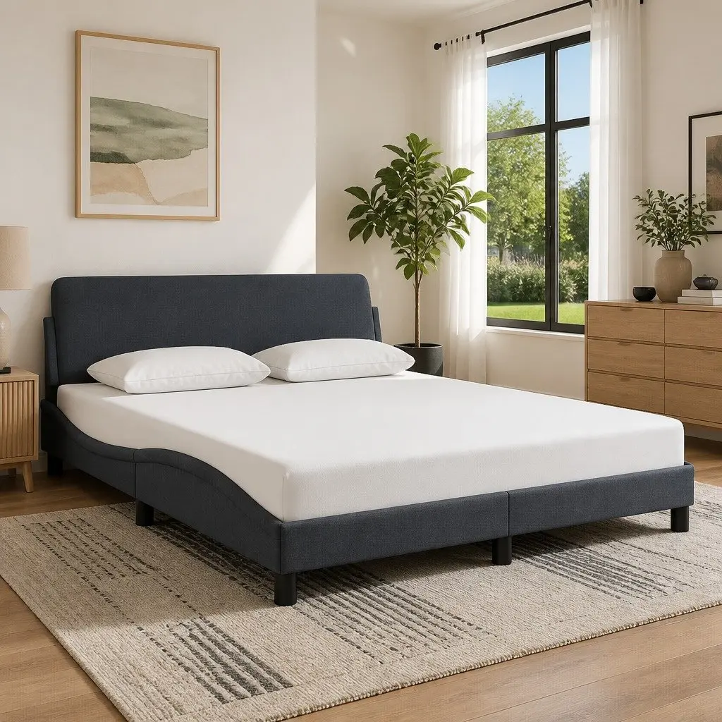 Velvet Upholstered Queen Bed Frame with Grey Headboard