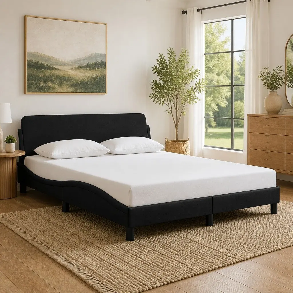 Queen Bed Frame with Black Velvet Headboard