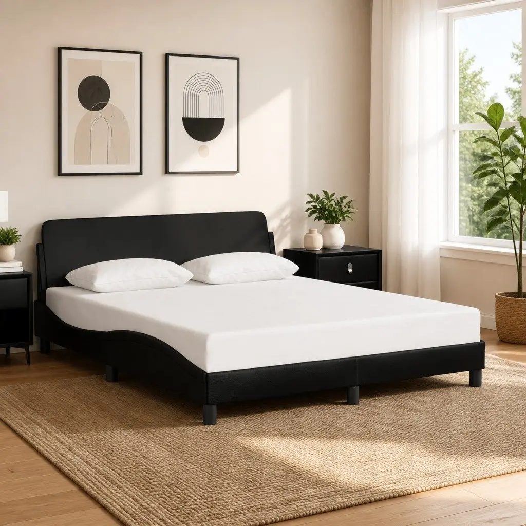 Bed Frame Black Faux Leather 152x203cm with Headboard
