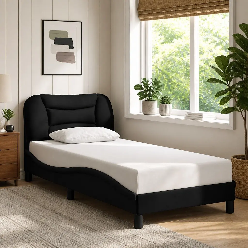 Fabric Bed Frame 90x190 cm with Headboard Cushion Plywood Slats Black Modern
