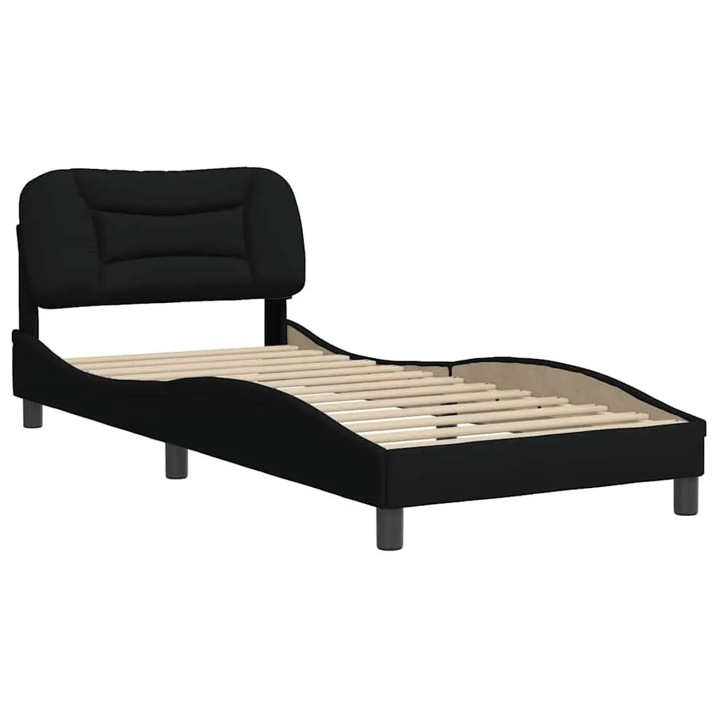 Fabric Bed Frame 90x190 cm with Headboard Cushion Plywood Slats Black Modern