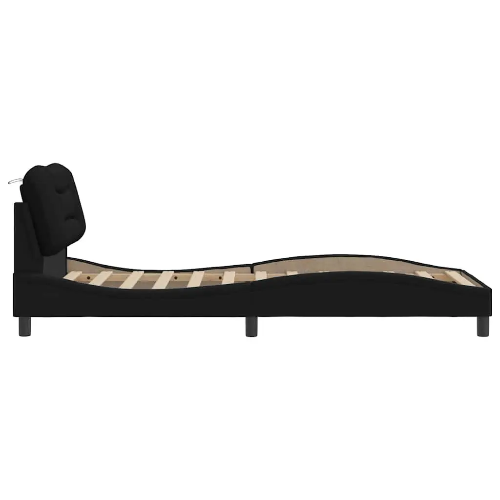 Fabric Bed Frame 90x190 cm with Headboard Cushion Plywood Slats Black Modern