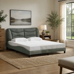 Grey Fabric Upholstered Queen Bed Frame with Headboard