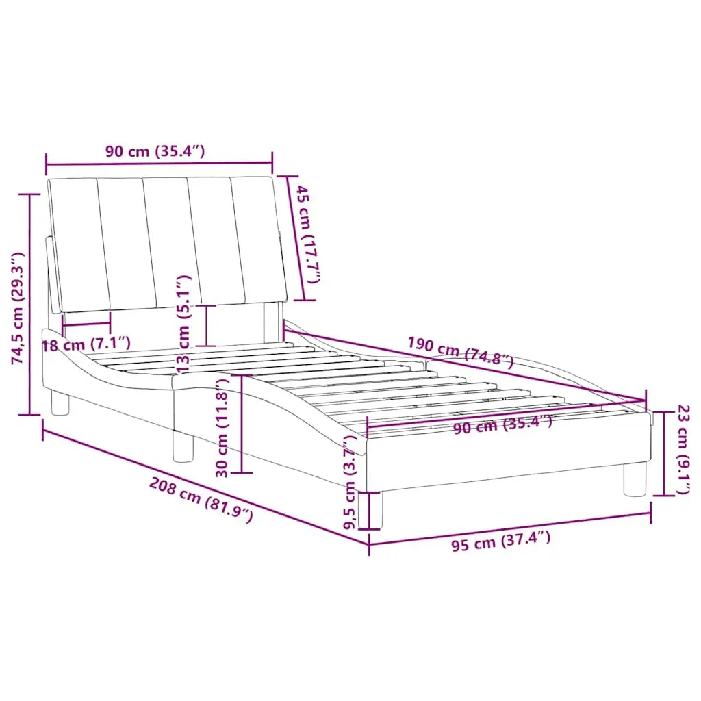 Grey Velvet Bed Frame with Headboard 90x190 cm