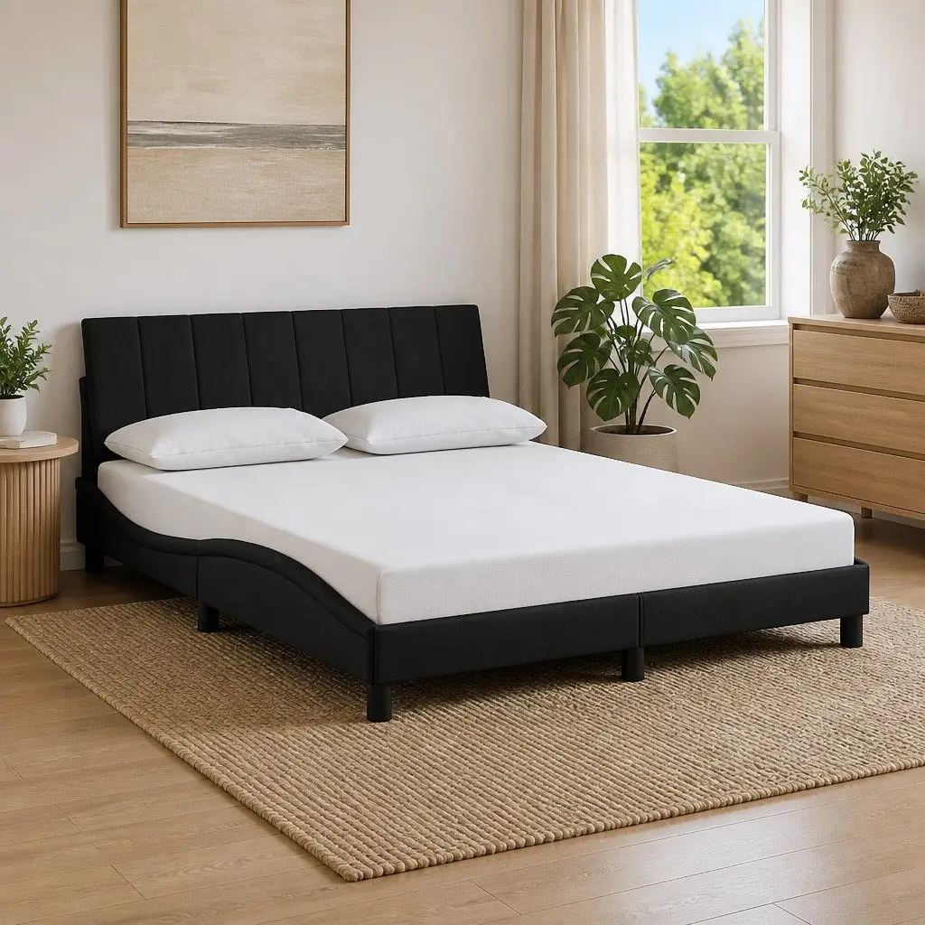Black Velvet Queen Bed Frame with Upholstered Headboard