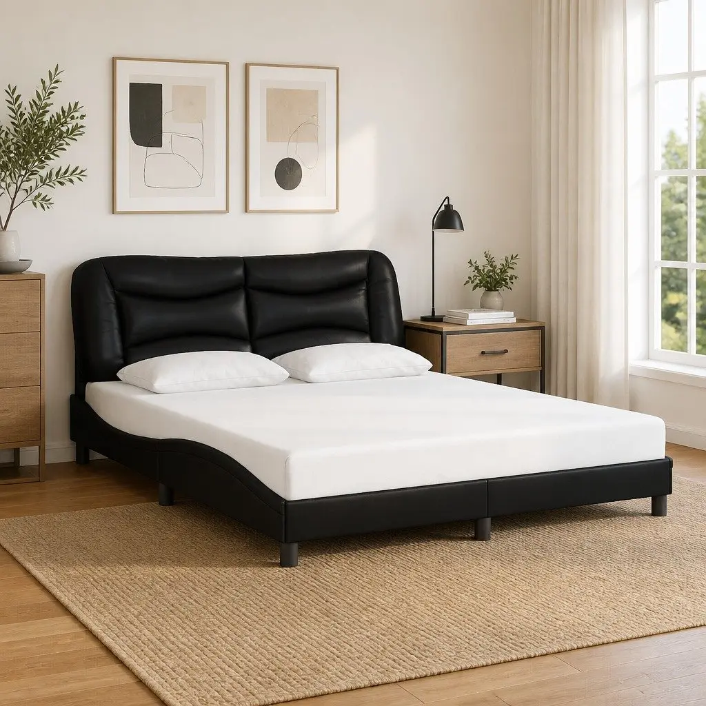 Queen Bed Frame with Black Faux Leather Headboard