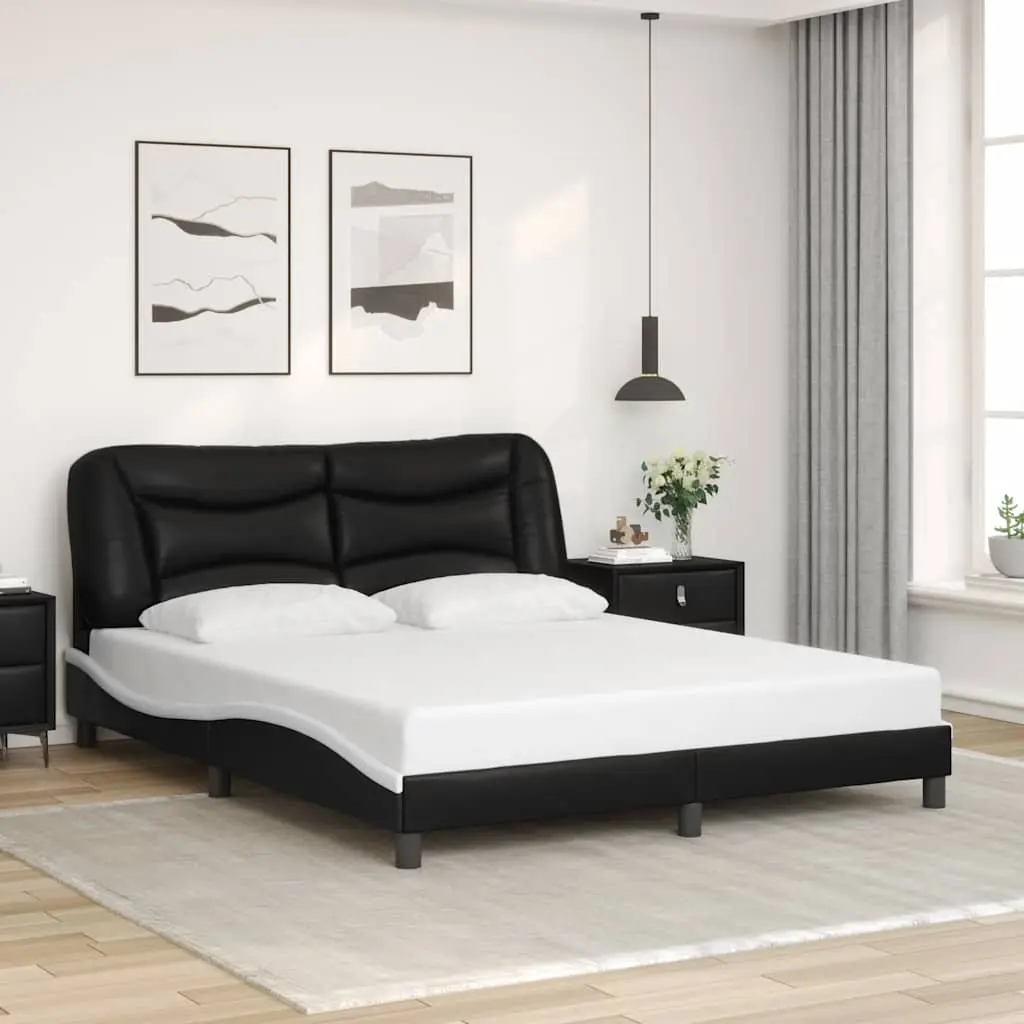 Queen Bed Frame with Faux Leather Headboard in Black and White
