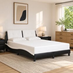 Cushioned Double Bed Frame in White and Black Faux Leather