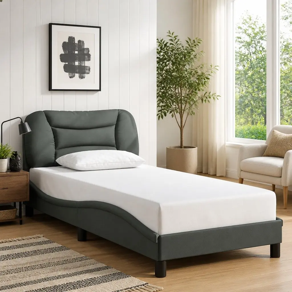 Grey Fabric Bed Frame with Headboard and Slatted Base