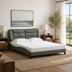 Grey Fabric Queen Bed Frame with Upholstered Headboard