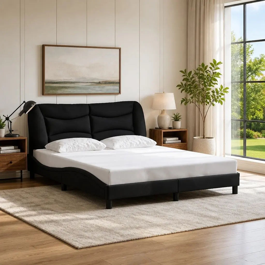 Cushioned Queen Bed Frame with Black Fabric Headboard
